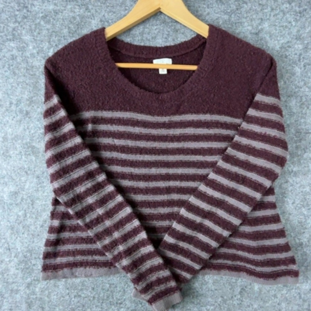 BP Sweater Womens S Burgundy Gray Striped Fuzzy Knit Long Sleeve Cropped Cozy